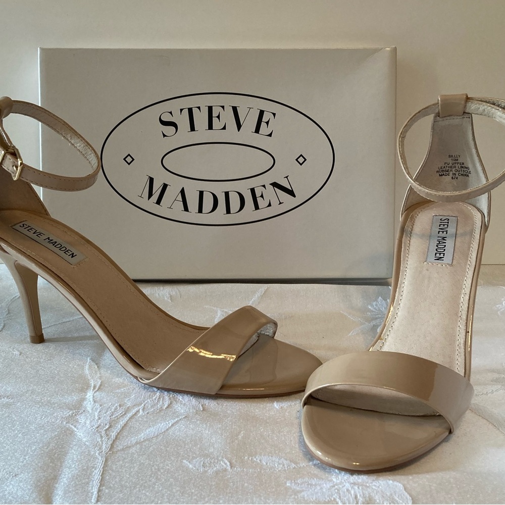 Steve Madden patent leather Strappy Blush woman’s shoes.  Nude in color